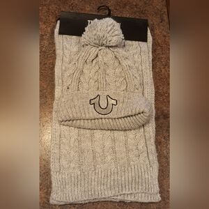 New Gray True Religion Hat And Scarf Set.